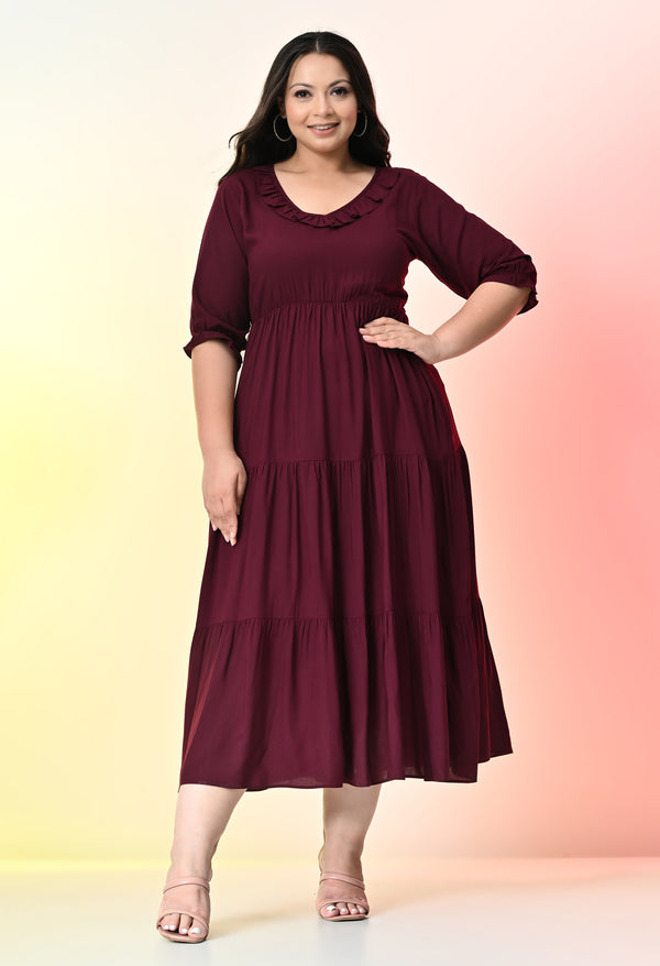 Plus Size Wine Ruffle Rayon Dress