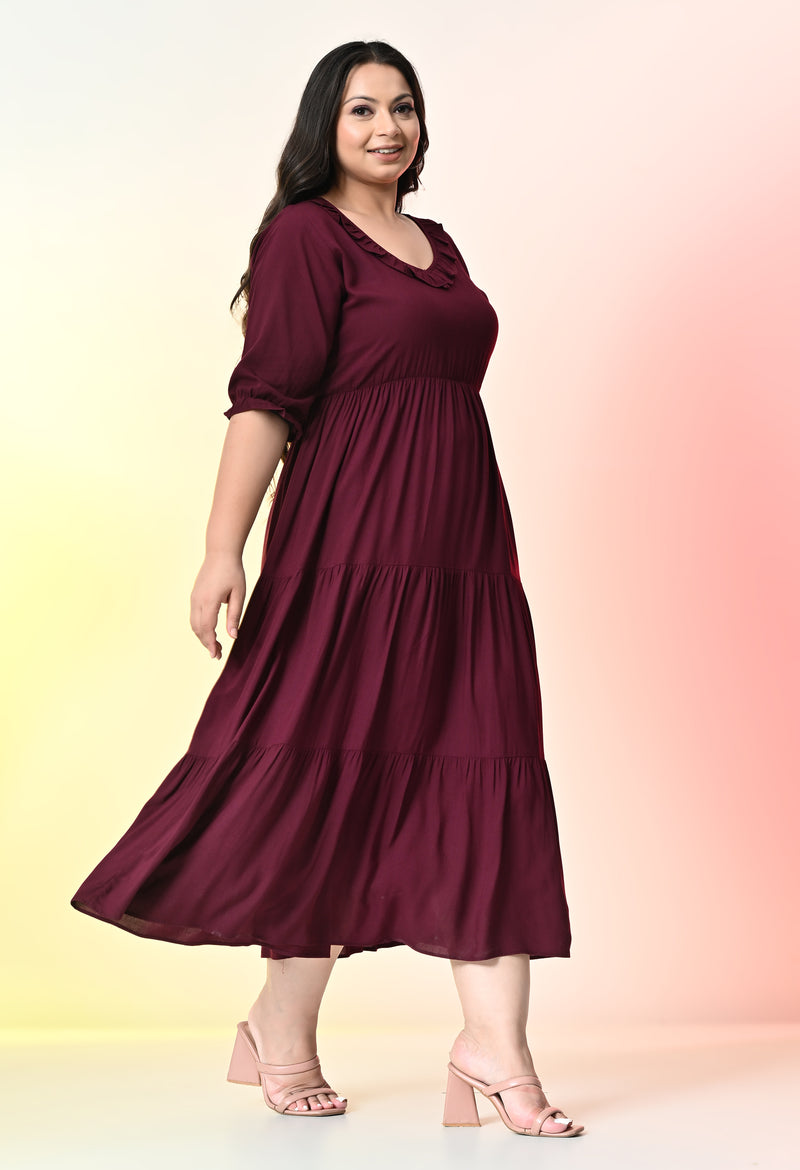 Plus Size Wine Ruffle Rayon Dress