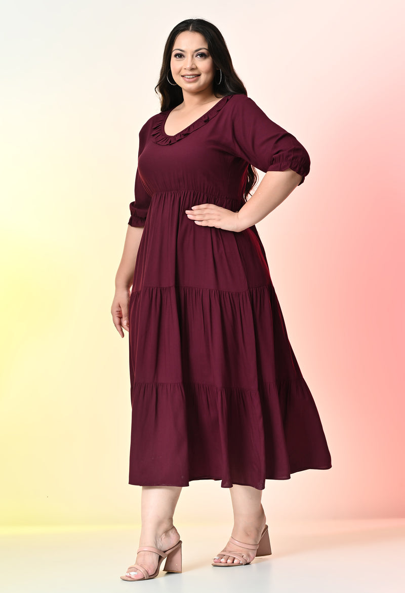 Plus Size Wine Ruffle Rayon Dress