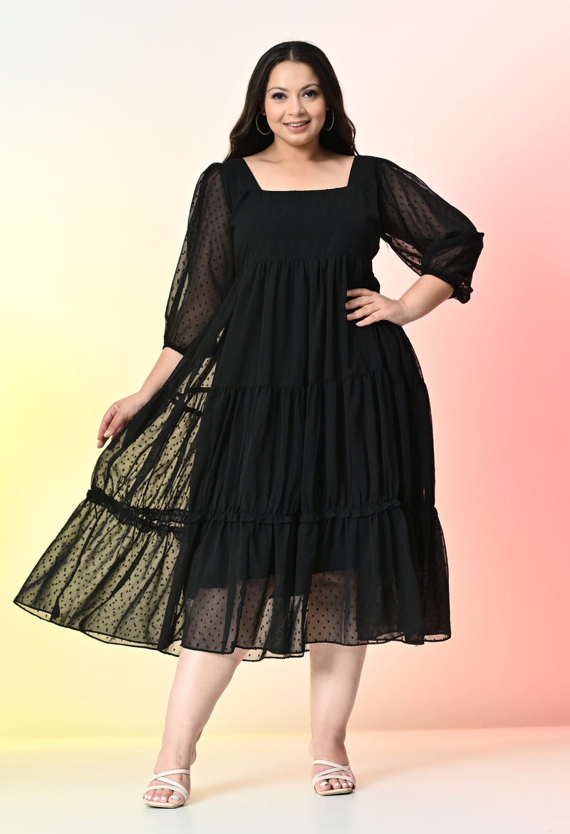 Plus Size Black Tiered Georgette Midi Dress