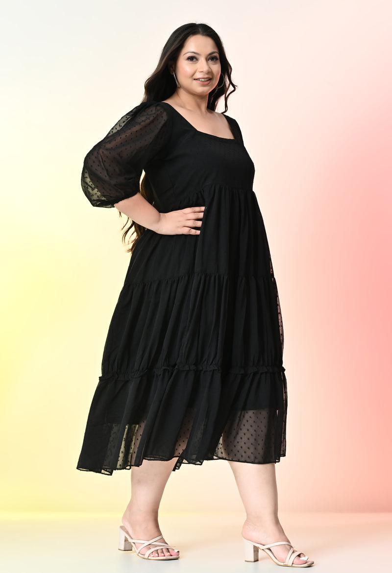 Plus Size Black Tiered Georgette Midi Dress