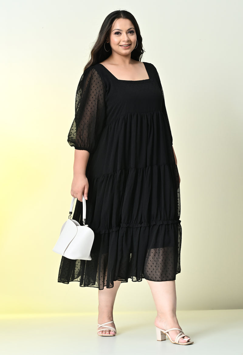 Plus Size Black Tiered Georgette Midi Dress - Main Image