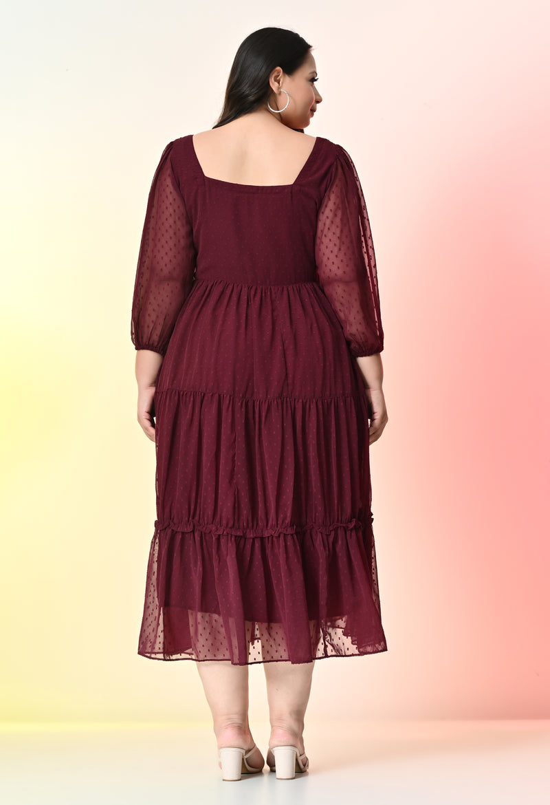 Plus Size Wine Tiered Georgette Midi Dress