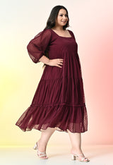 Plus Size Wine Tiered Georgette Midi Dress