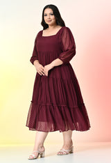 Plus Size Wine Tiered Georgette Midi Dress