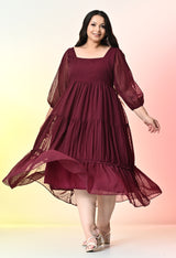 Plus Size Wine Tiered Georgette Midi Dress