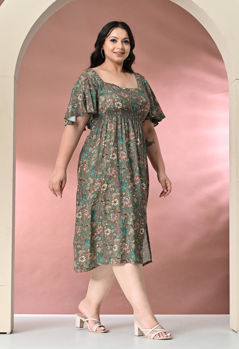 Plus Size Green Floral Rayon Dress