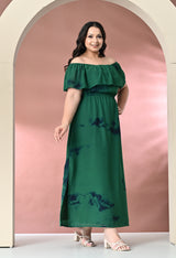 Plus Size Green Off Shoulder Georgette Maxi Dress