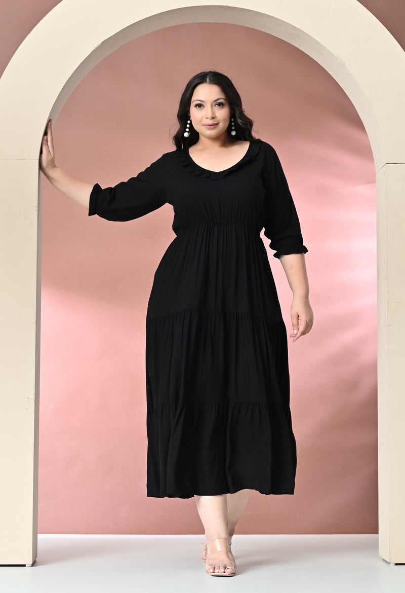 Plus Size Black Ruffle Rayon Dress