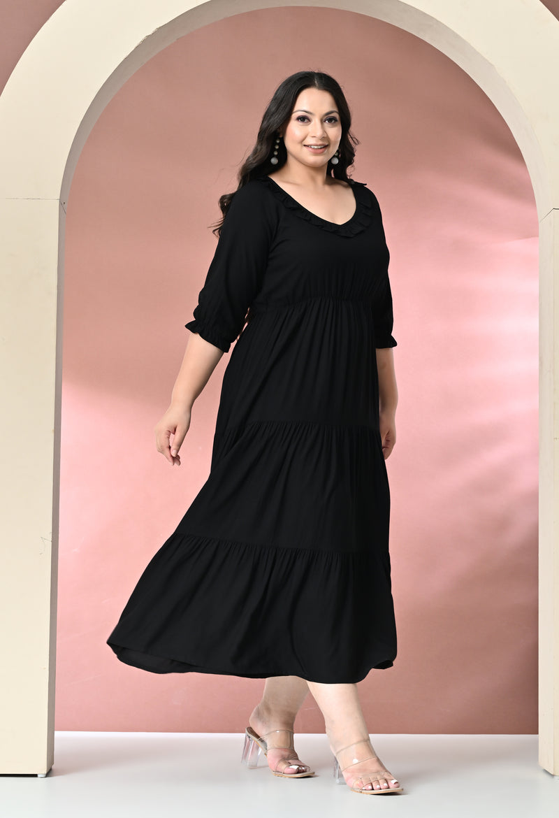 Plus Size Black Ruffle Rayon Dress