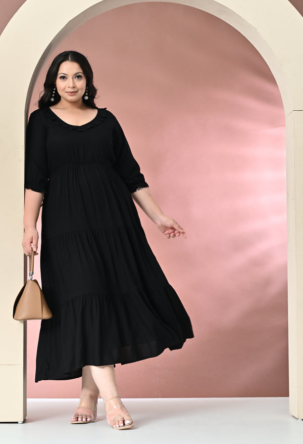 Plus Size Black Ruffle Rayon Dress