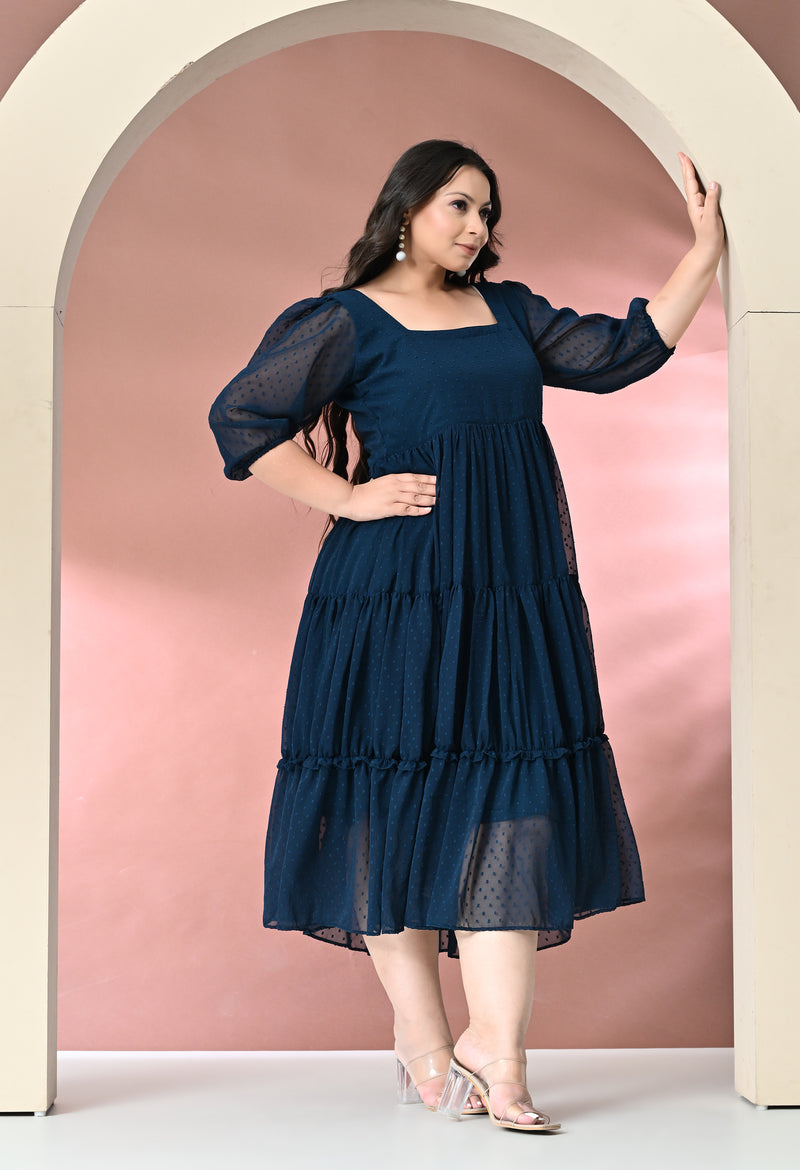 Plus Size Teal Blue Tiered Georgette Midi Dress DESINOOR.COM