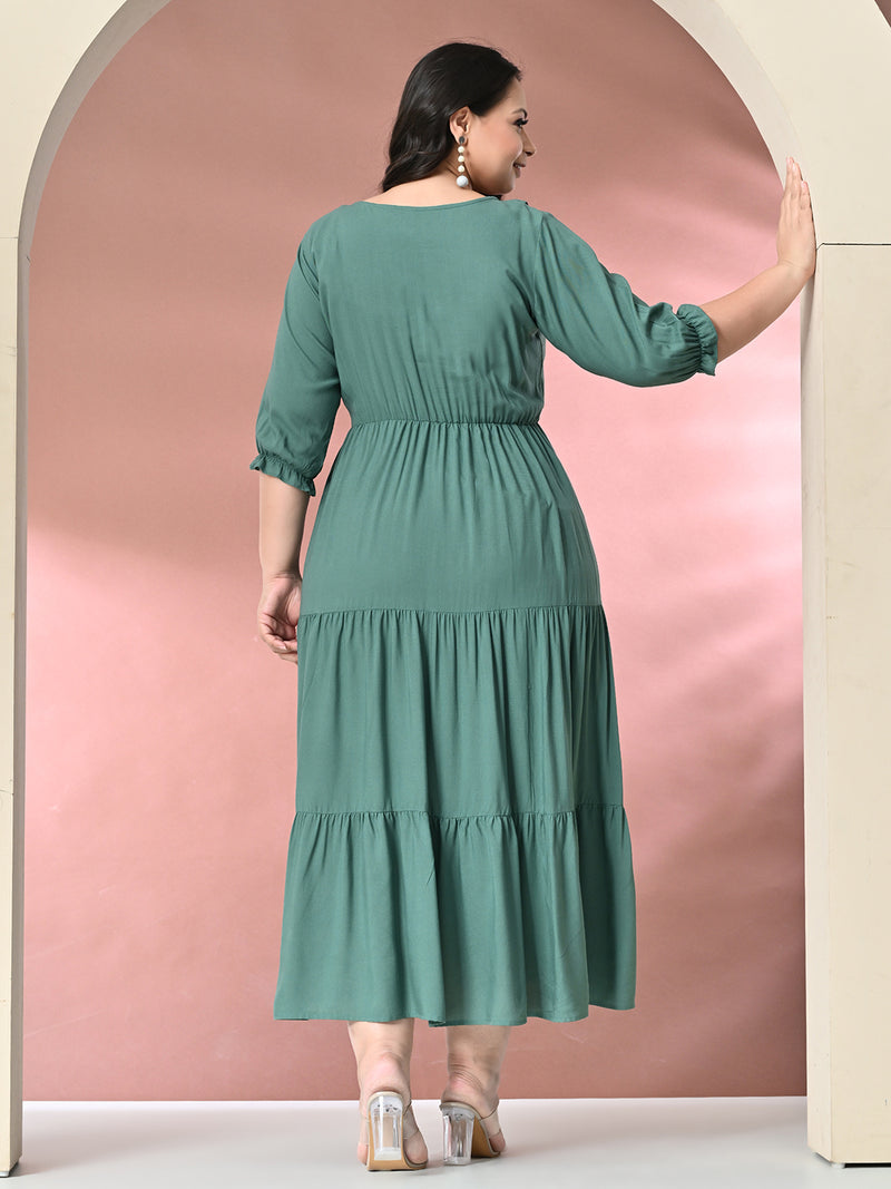 Plus Size Sea Green Ruffle Rayon Dress