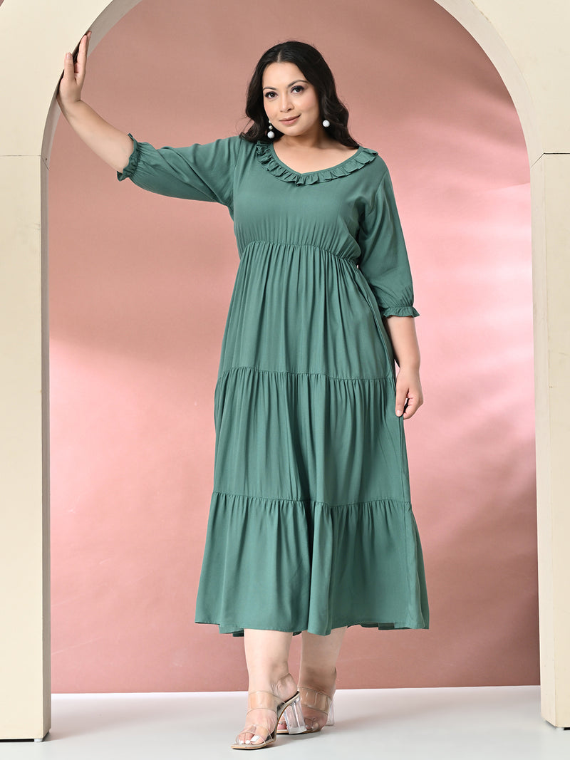 Plus Size Sea Green Ruffle Rayon Dress