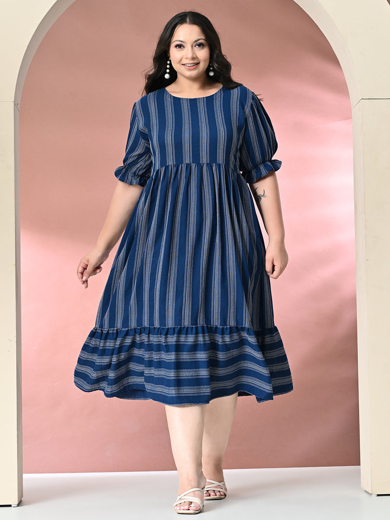 Plus Size Teal Blue Striped Midi Dress