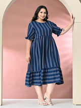 Plus Size Teal Blue Striped Midi Dress