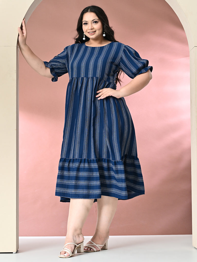 Plus Size Teal Blue Striped Midi Dress