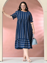 Plus Size Teal Blue Striped Midi Dress