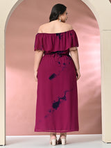 Plus Size Wine Off Shoulder Georgette Maxi Dress