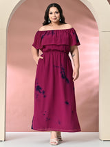 Plus Size Wine Off Shoulder Georgette Maxi Dress