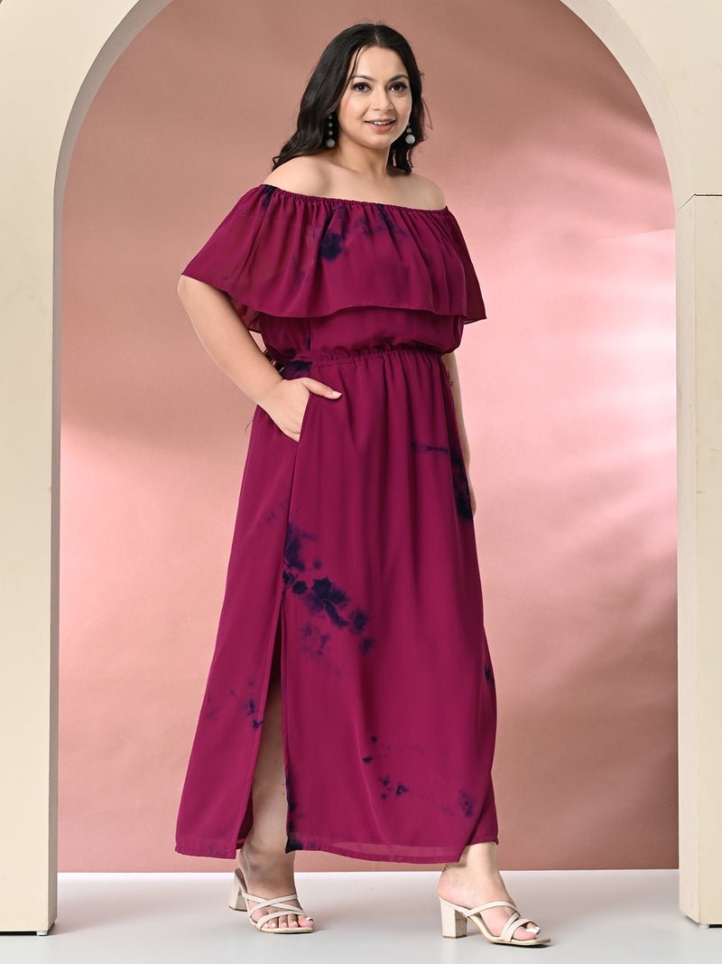 Plus Size Wine Off Shoulder Georgette Maxi Dress