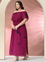 Plus Size Wine Off Shoulder Georgette Maxi Dress