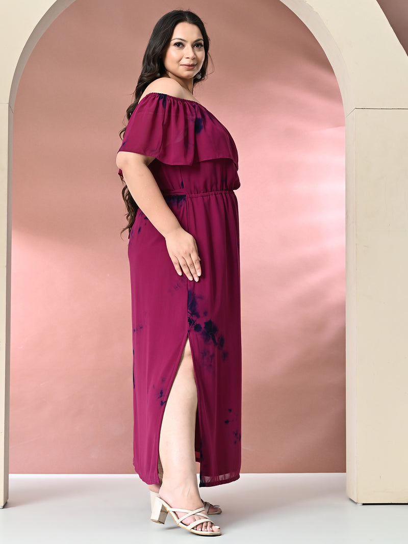 Plus Size Wine Off Shoulder Georgette Maxi Dress