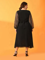 Plus Size Midnight Black Dress with Sheer Statement Sleeves