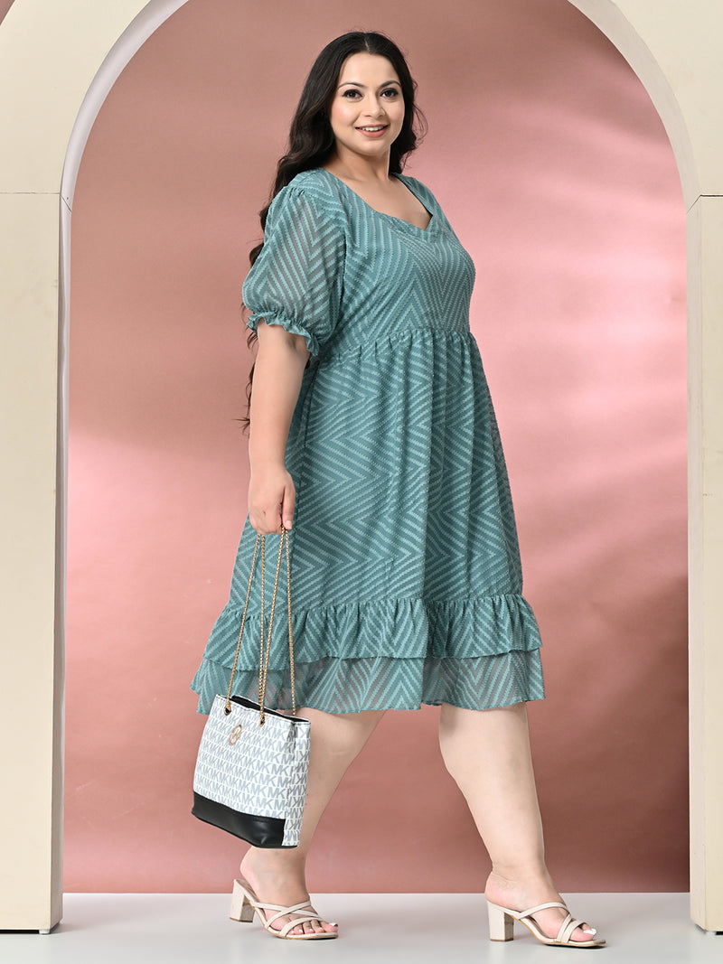 Plus Size Sea Green Chevron Georgette Dress