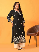Plus Size Black Floral Aari Kurta