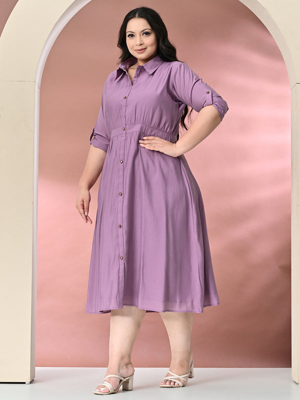 Plus Size Lavender Roman Silk Collared Midi Dress