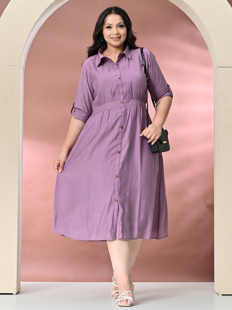 Plus Size Lavender Roman Silk Collared Midi Dress