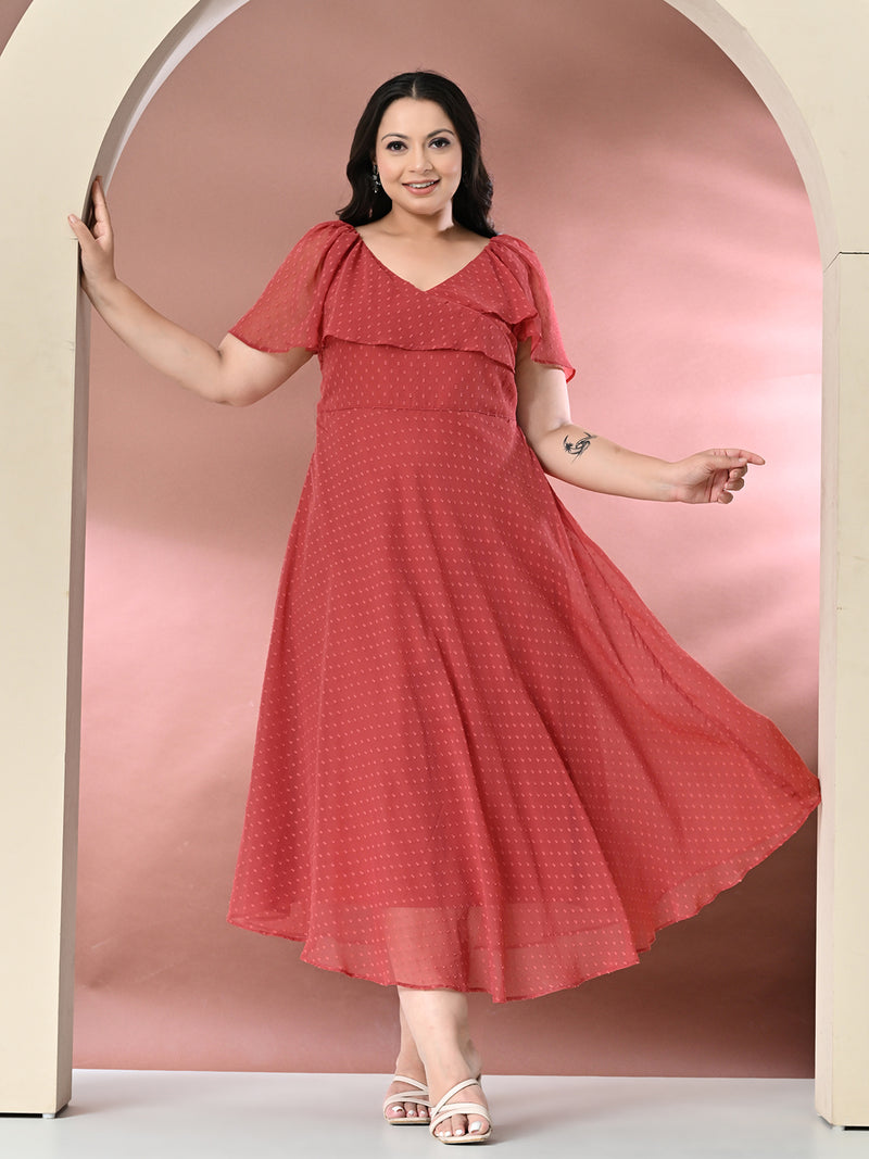 Plus Size Peach Georgette Self Midi Dress