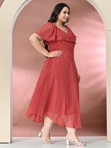 Plus Size Peach Georgette Self Midi Dress