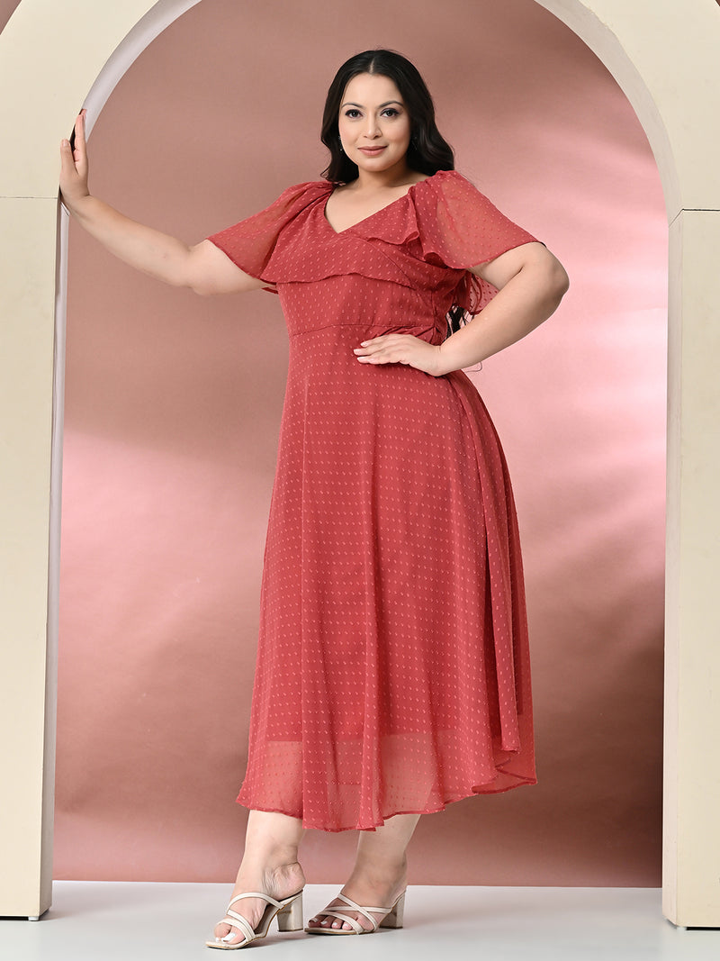 Plus Size Peach Georgette Self Midi Dress