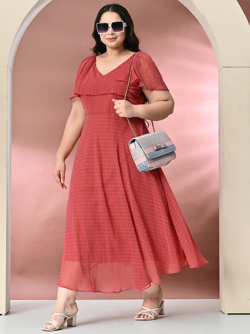 Plus Size Peach Georgette Self Midi Dress