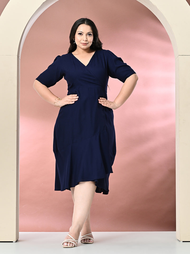 Plus Size Navy Blue Rayon Wrap Dress - Main Image