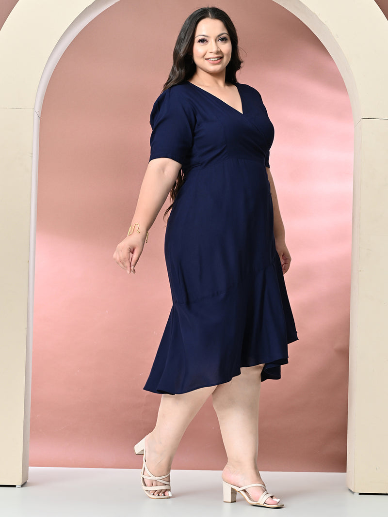 Plus Size Navy Blue Rayon Wrap Dress - Main Image