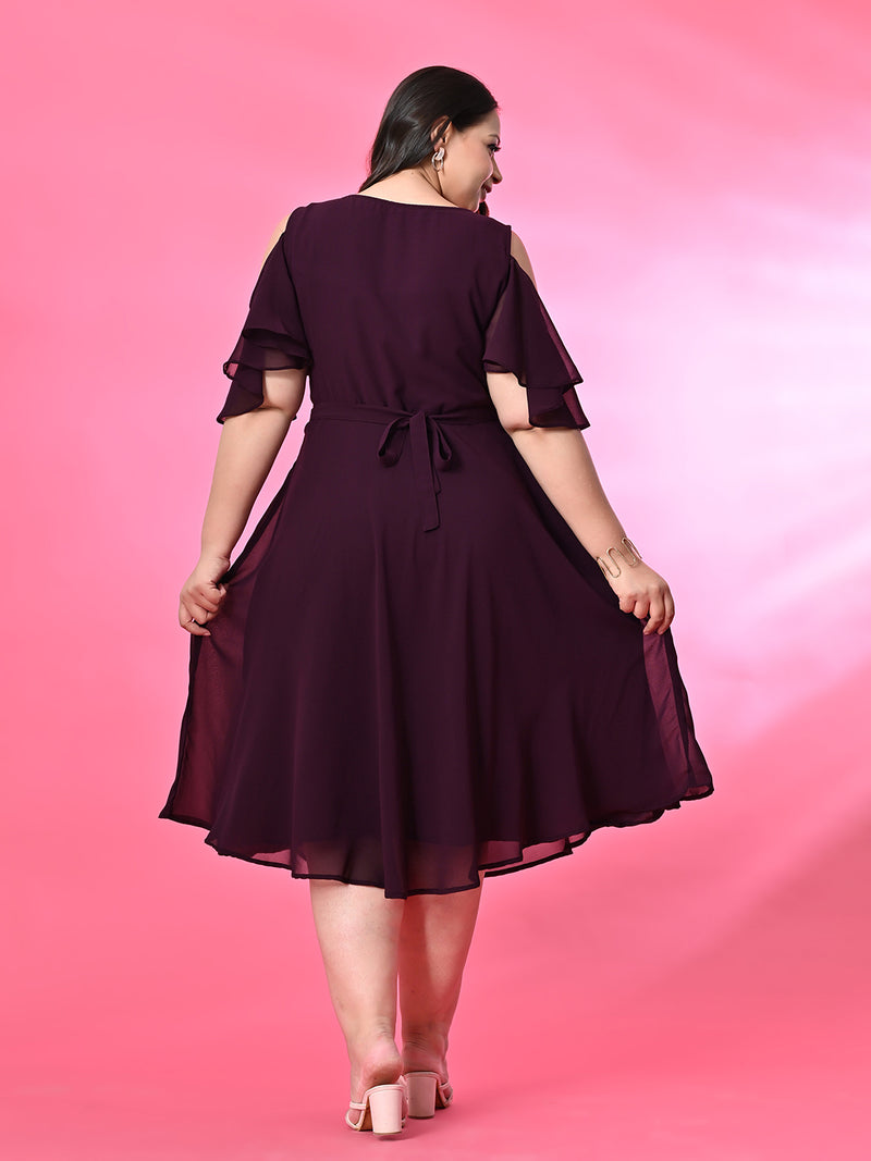 Plus Size Purple Cold Shoulder Georgette Dress