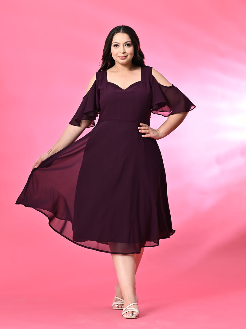 Plus Size Purple Cold Shoulder Georgette Dress