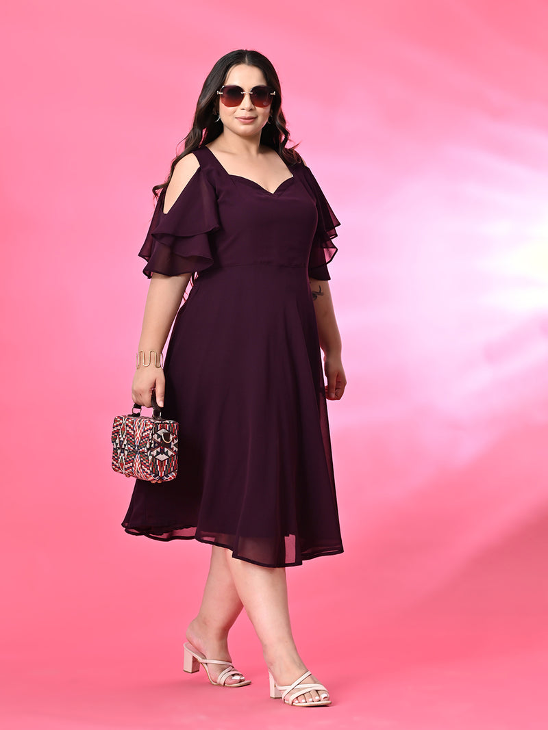 Plus Size Purple Cold Shoulder Georgette Dress