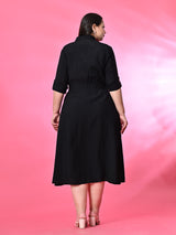 Plus Size Black Roman Silk Collared Midi Dress