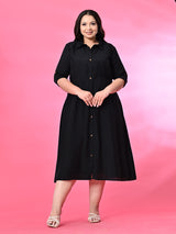 Plus Size Black Roman Silk Collared Midi Dress