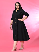 Plus Size Black Roman Silk Collared Midi Dress