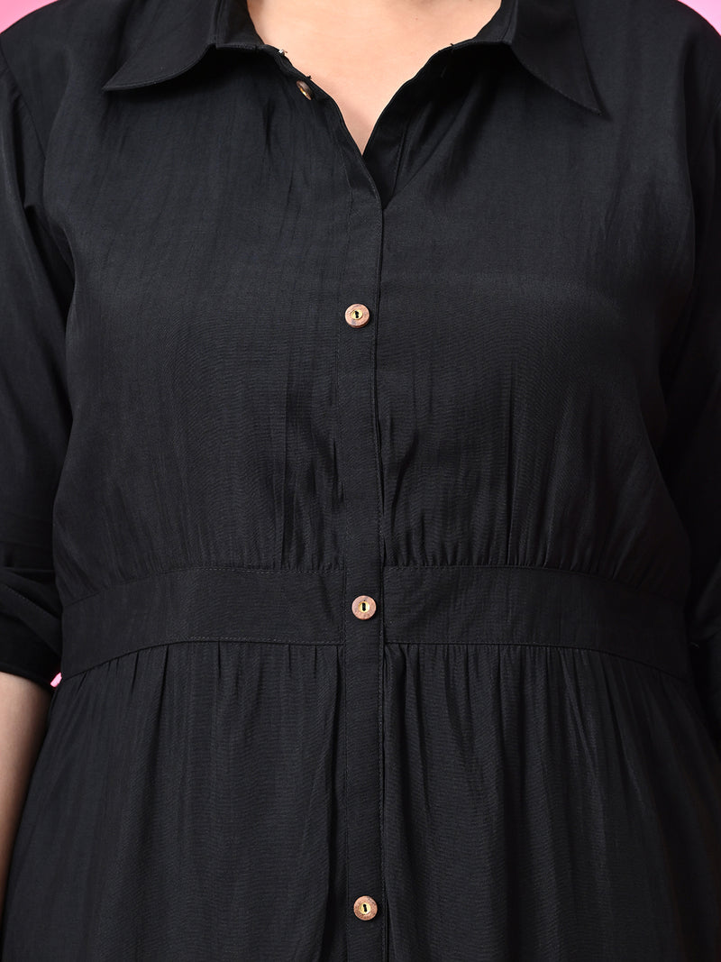 Plus Size Black Roman Silk Collared Midi Dress