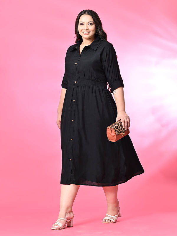 Plus Size Black Roman Silk Collared Midi Dress