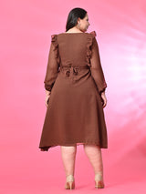 Plus Size Brown Frill Georgette Midi Dress