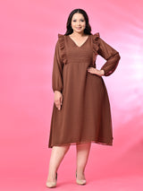 Plus Size Brown Frill Georgette Midi Dress