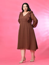 Plus Size Brown Frill Georgette Midi Dress