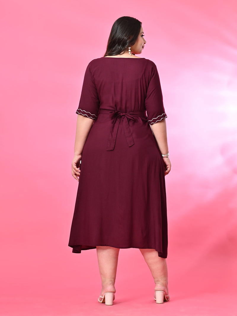 Plus Size Wine Aari Embroidered Dress